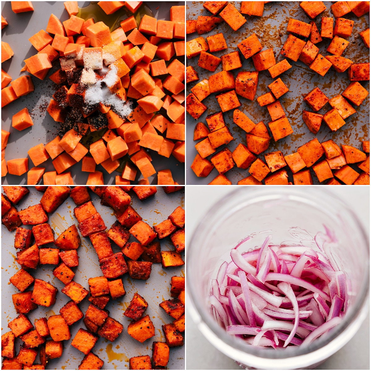 Roasted Sweet Potatoes In Beef Burrito Bowls Roast sweet potatoes and make pickled red onions for this beef burrito bowl recipe.