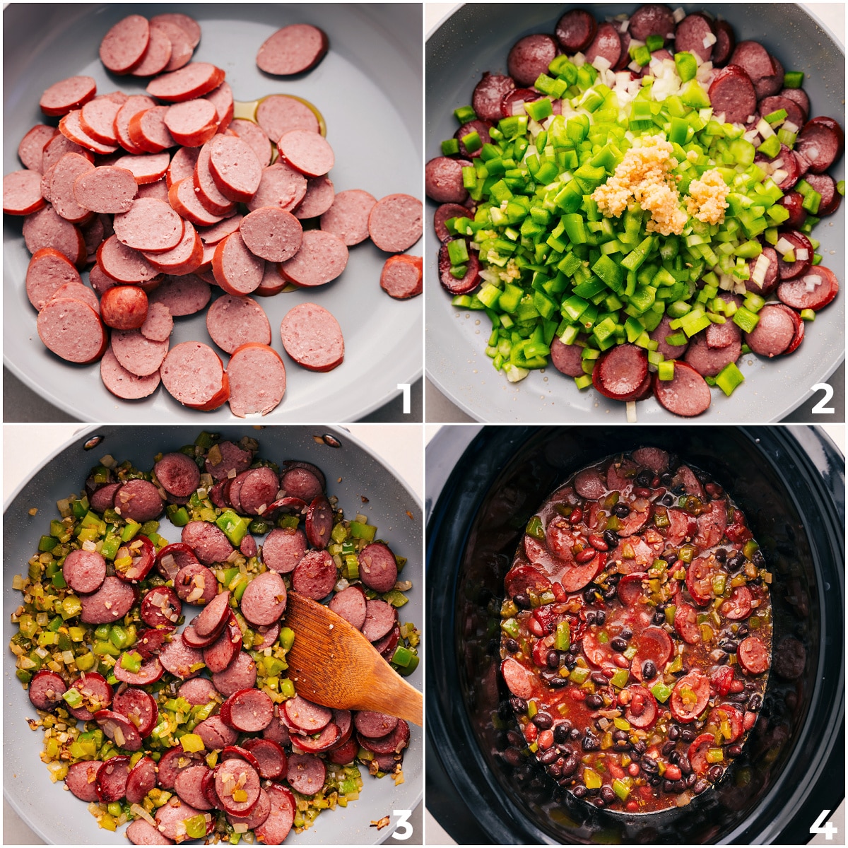 How To Make Black Beans And Sausage Over Rice Lightly brown the sausage, sautรฉ the veggies, then combine them with all the other ingredients in the slow cooker to make this black beans and sausage dish.