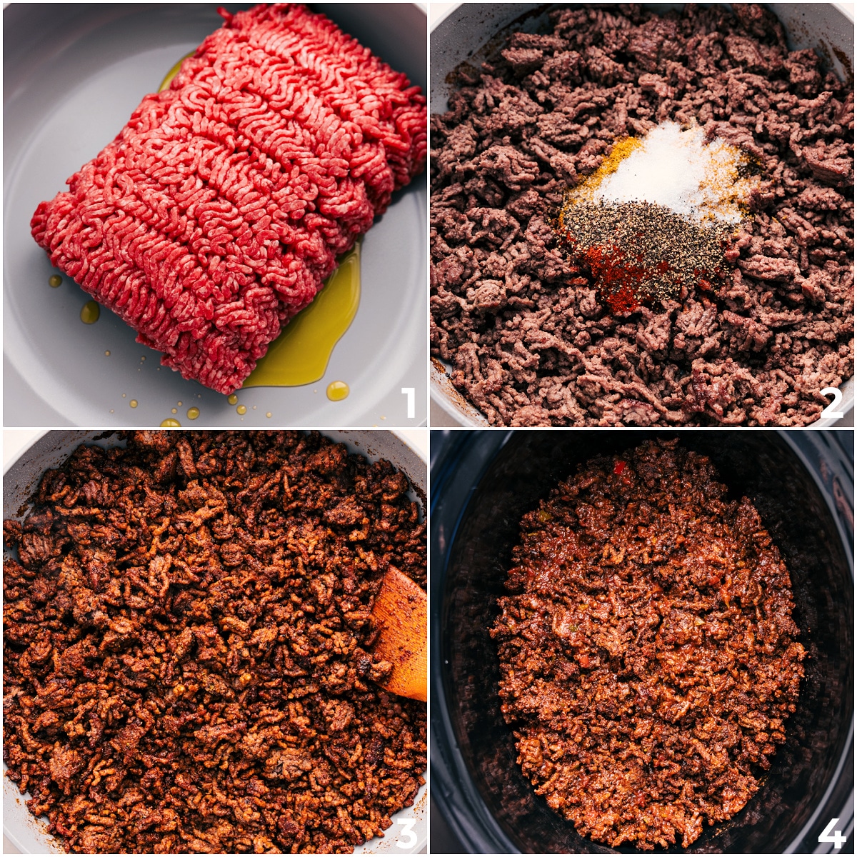 How To Make Crockpot Taco Meat The ground beef browning, seasonings added, and everything going into the slow cooker for this Crockpot Taco Meat.