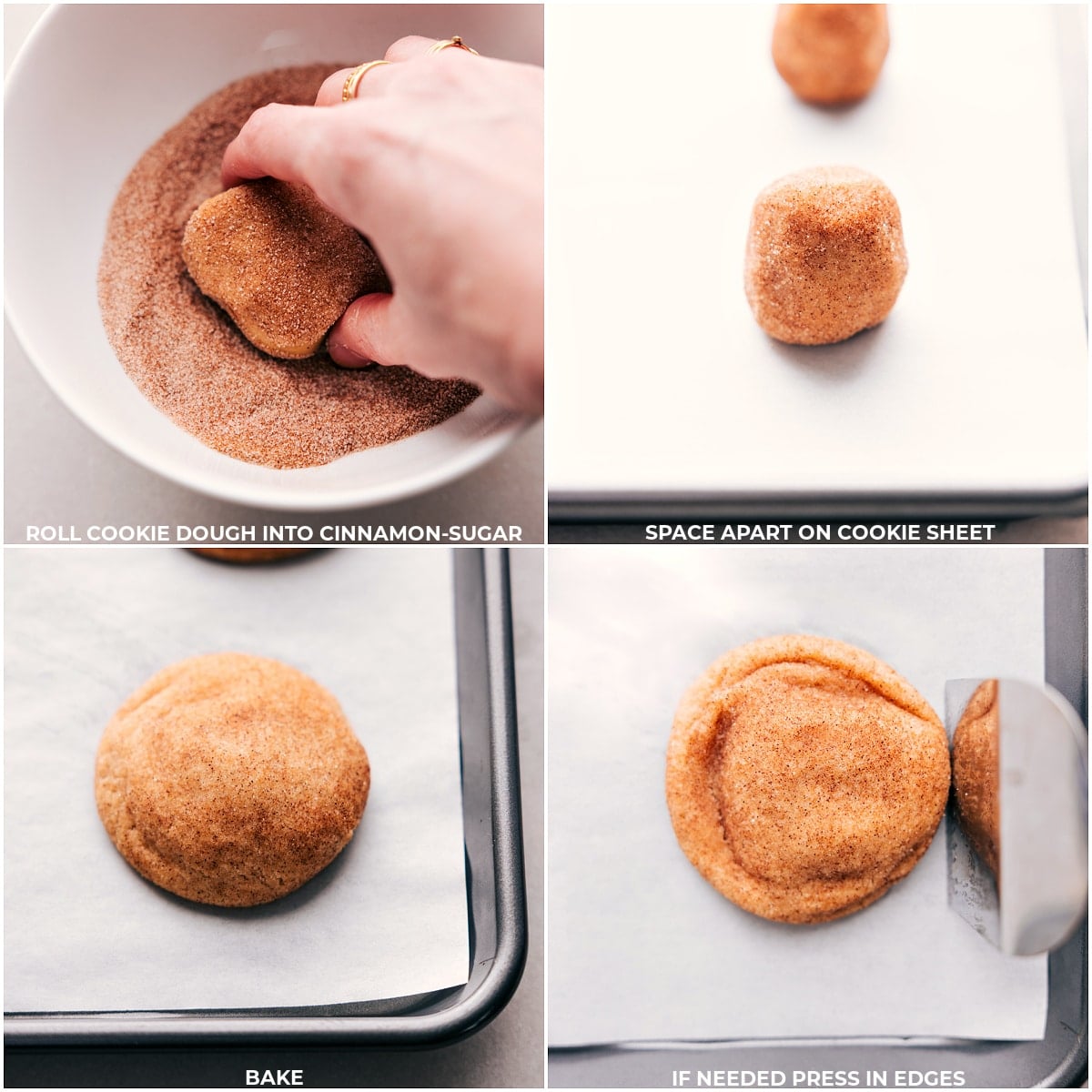 Bake Up Cinnamon Roll Cookies Dough balls rolled in cinnamon sugar and baked on a parchment-lined sheet pan.