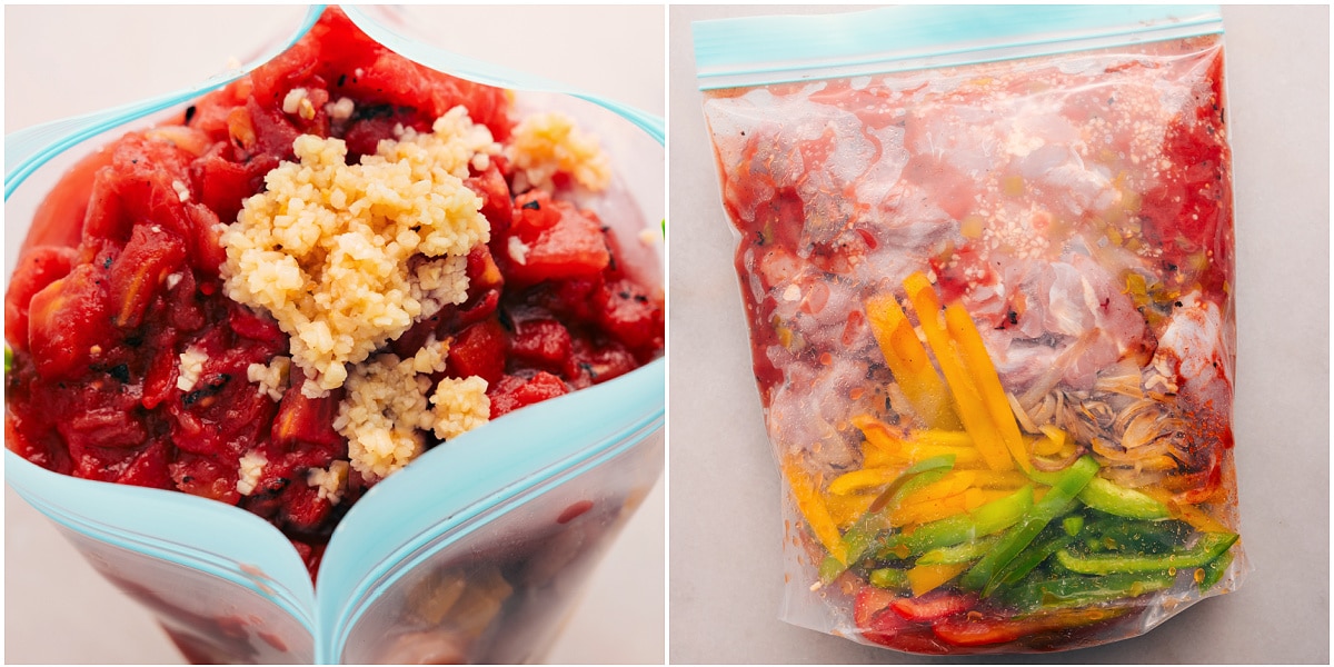 Freezer Friendly Crockpot Chicken Fajitas Meal All the ingredients for Crockpot Chicken Fajitas are piled into a bag, making them a perfect freezer-friendly option.