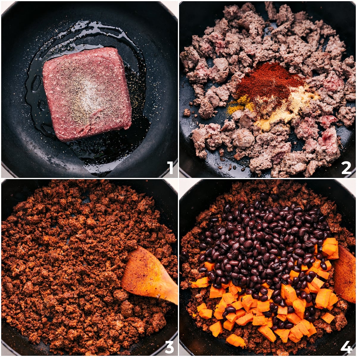 Cooking Steps: Browning Meat, Adding Seasonings, Beans, Cheese, and Toppings Brown the ground turkey, then mix in the seasoning, beans, and sweet potatoes for this Ground Turkey Sweet Potato Skillet dinner.