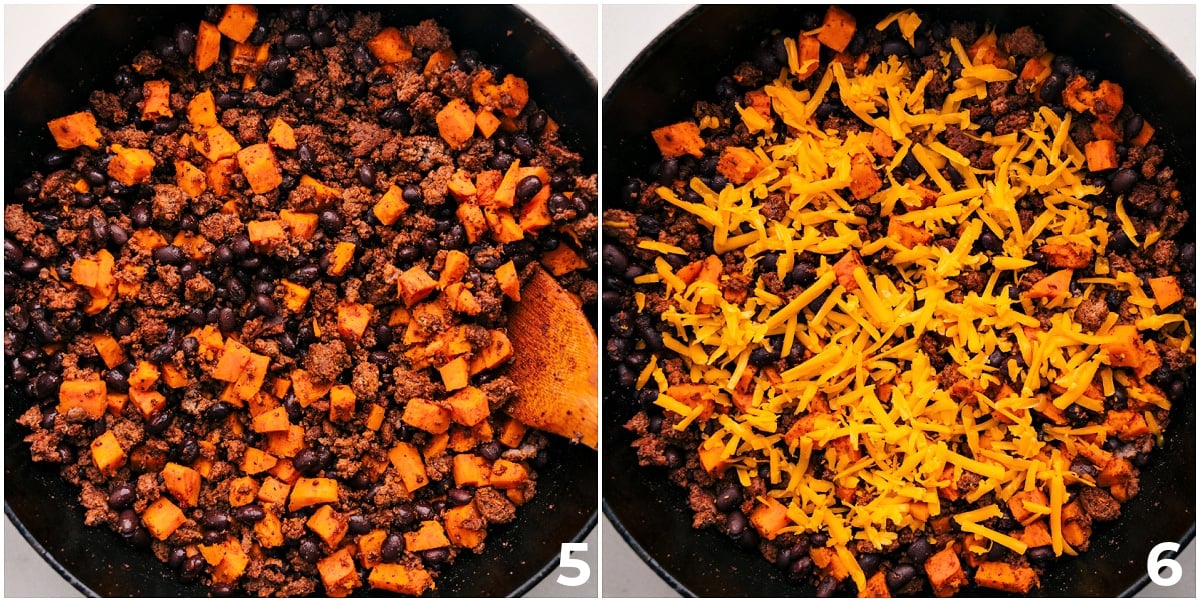 Ground Turkey Sweet Potato Skillet Garnished with Avocado, Cilantro, and Lime Finish the dish by placing cheese on top to melt.