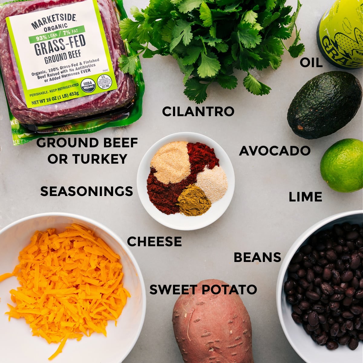 Ingredients In Ground Turkey Sweet Potato Skillet All the ingredients for this recipe are prepped and ready for easy assembly, including the meat, cilantro, veggies, beans, and cheese.