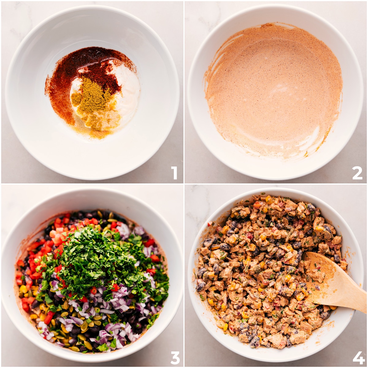 How To Make Southwest Chicken Salad The dressing is whisked in a bowl, the salad ingredients are mixed in another bowl, the dressing is added, and everything is combined.