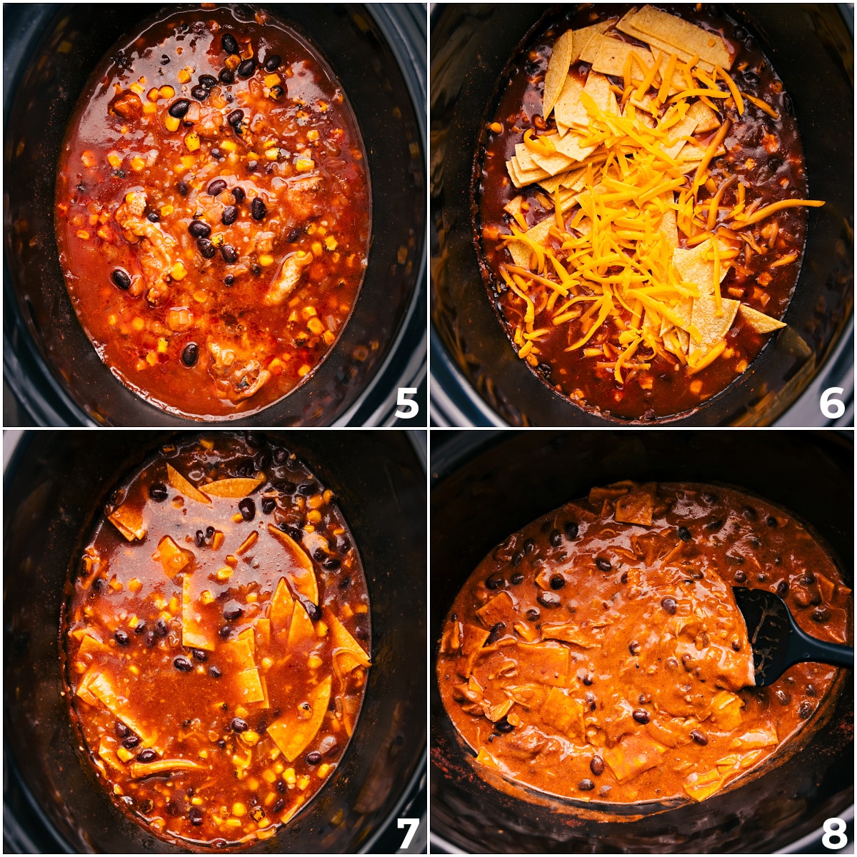Creamy Crockpot Chicken Enchilada Casserole After its done slow cooking add in cheese, tortillas, and sour cream.