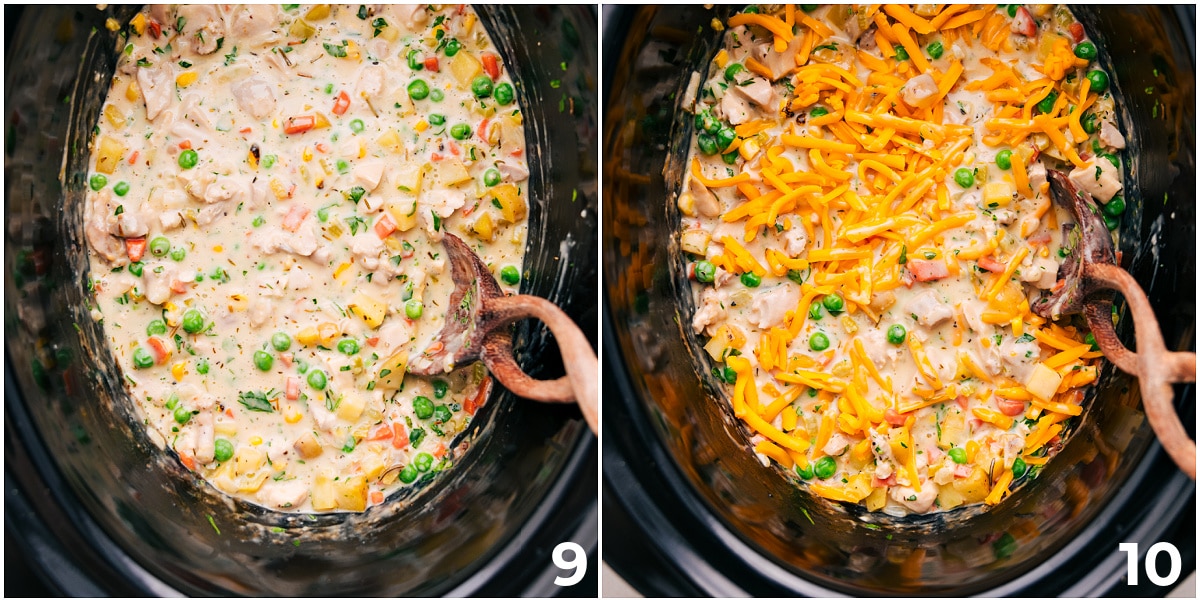 The Ultimate Comfort Food: Crockpot Chicken Pot Pie Mix everything together, then add the cheese on top.