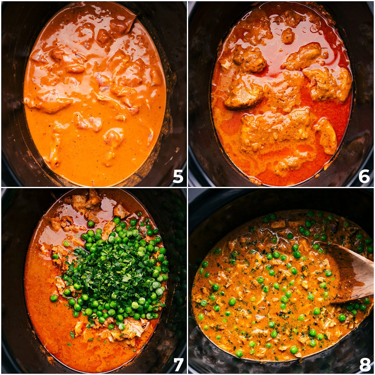 Slow Cooked Curry Chicken With Peas And Herbs The meat is added to the slow cooker, cooked until tender, then mixed with peas and cilantro.