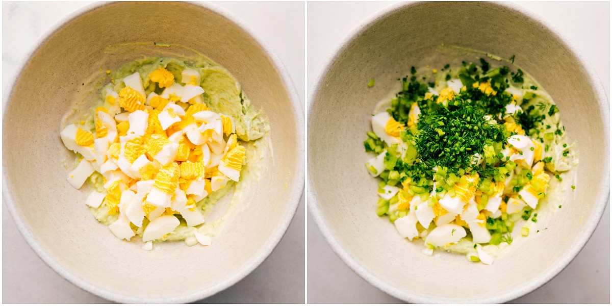 How To Make Avocado Egg Salad The chopped eggs and herbs added to the mixture.
