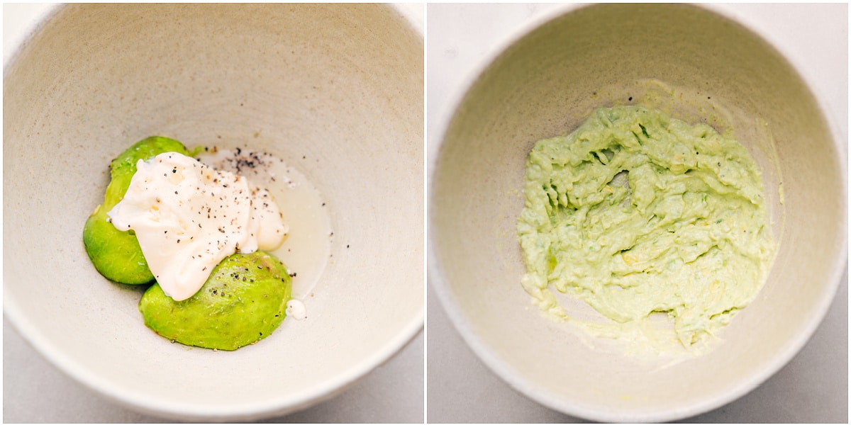 Mash Avocado For This Egg Salad Recipe The avocado, lemon juice, mayo, salt, and pepper are mashed together in a bowl for this avocado egg salad.
