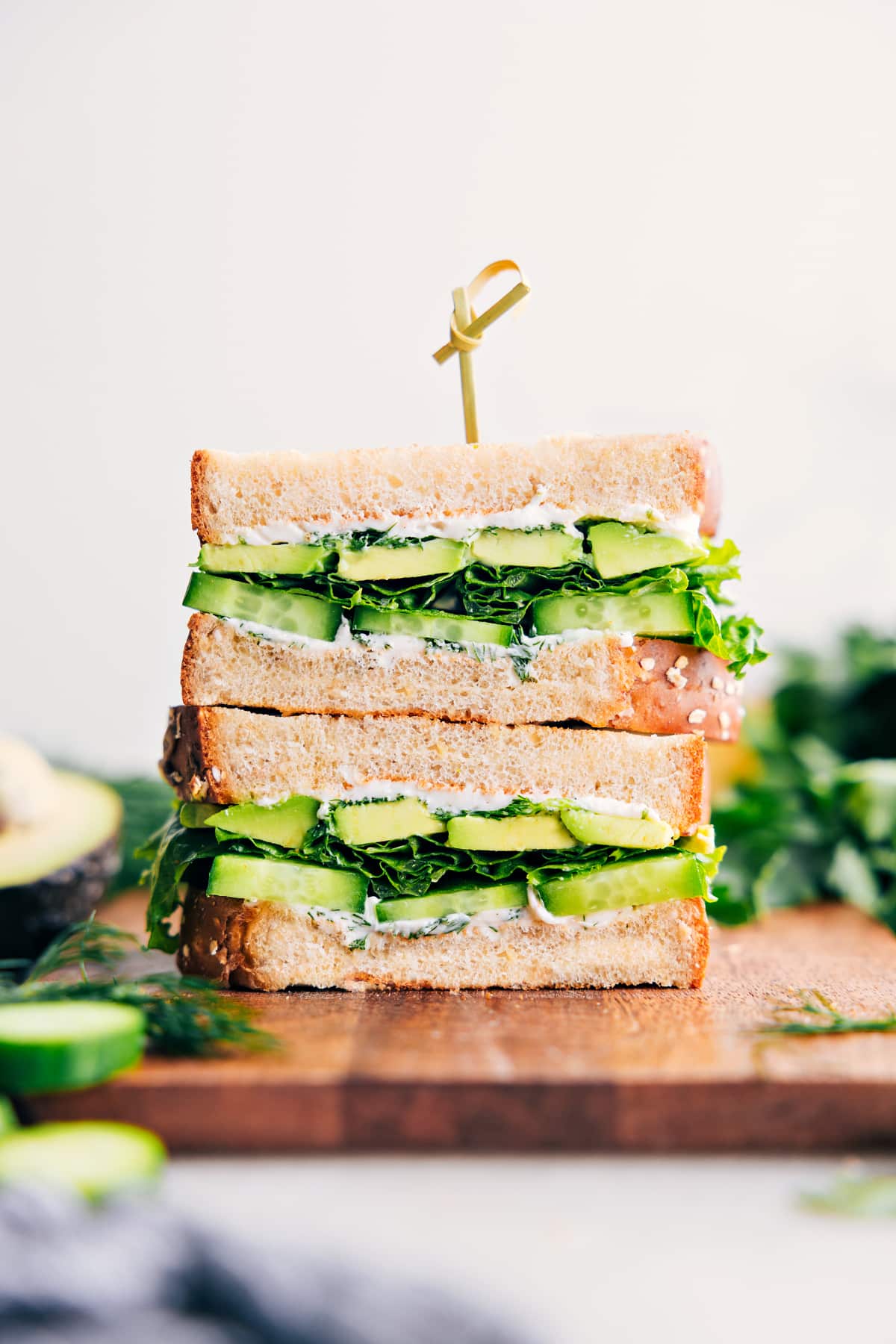 Avocado sandwich stacked and ready to enjoy.
