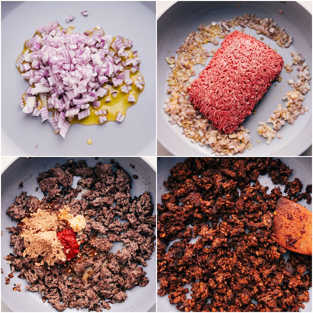 How To Make Ground Beef Taco Bowls The onions are sautรฉed, then the ground beef is added, browned, and seasoned for these ground beef taco bowls.