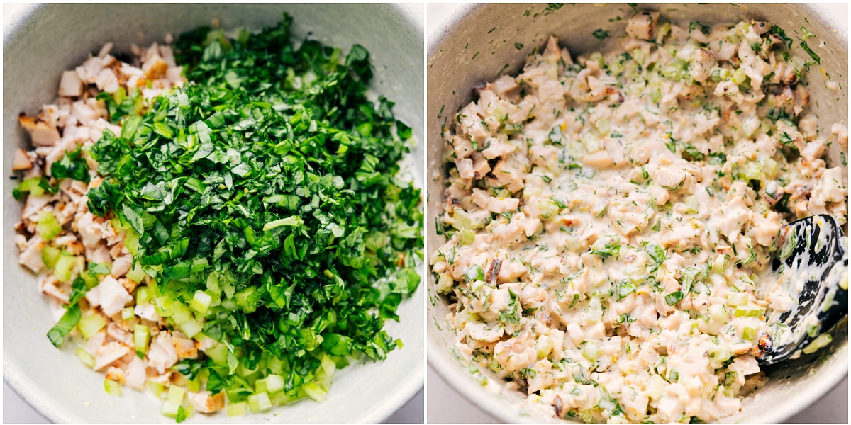 Simple And High Protein Lemon Basil Chicken Salad Add all the other ingredients to the bowl with the dressing and mix everything together.