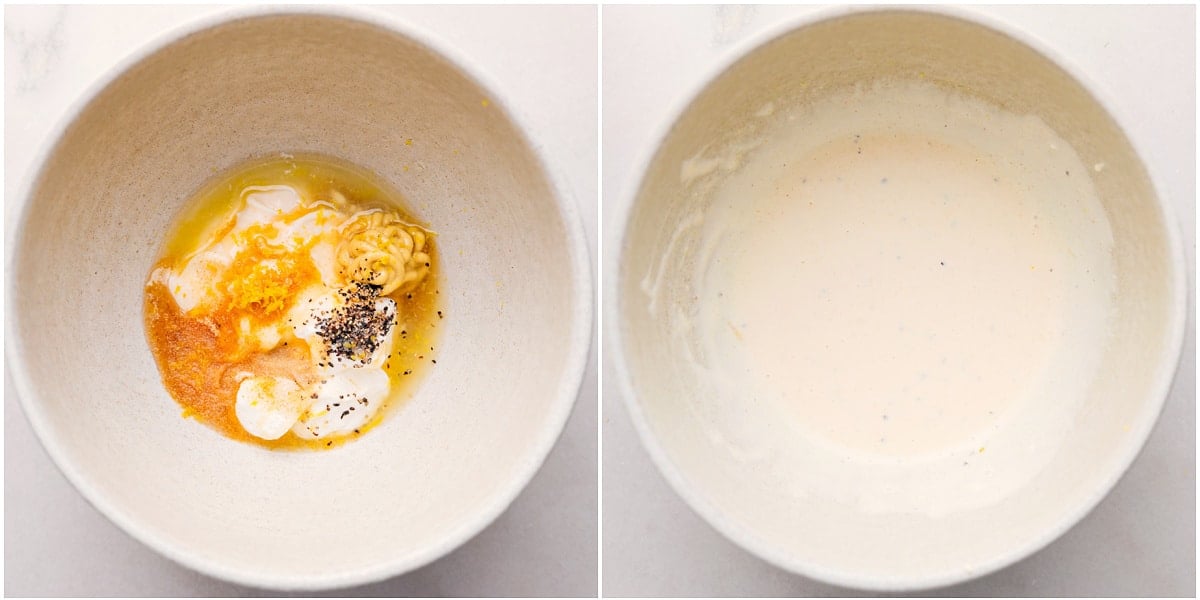 The Best Dressing For Lemon Basil Chicken Salad Dressing whisked together in a bowl for this lemon-basil chicken salad.