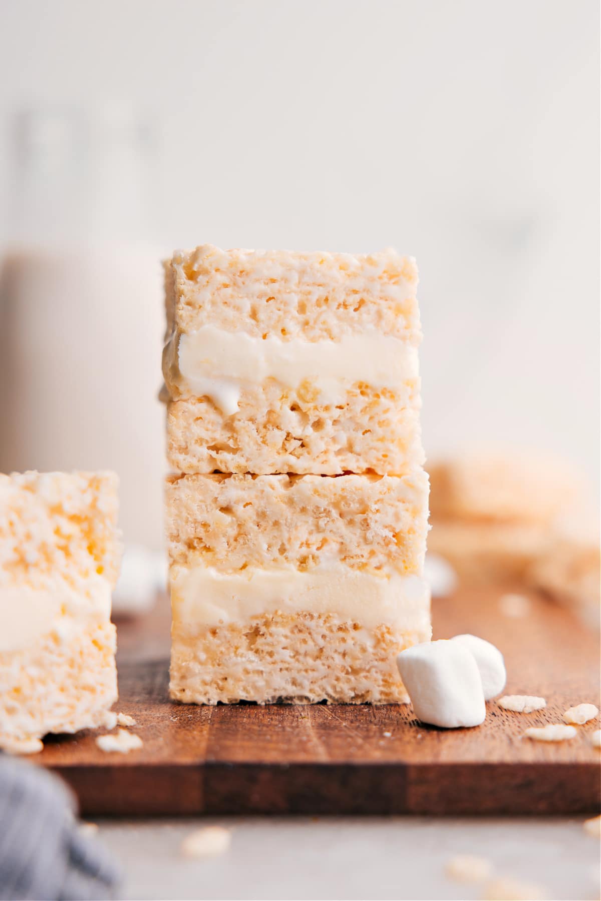 Rice Krispies Treats Ice Cream Sandwiches stacked and ready to enjoy.
