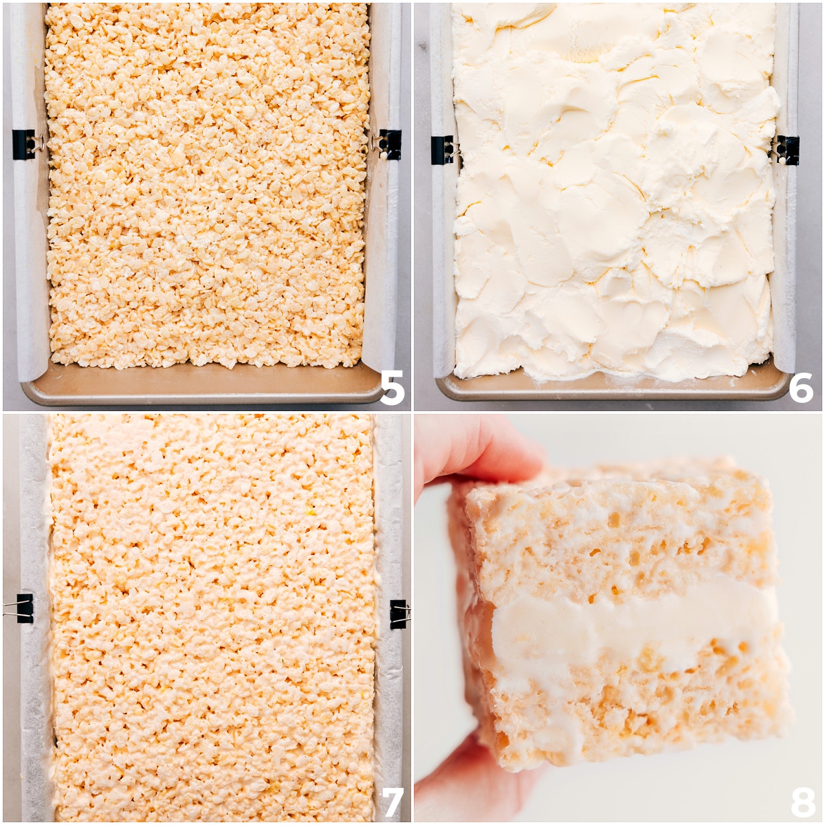 Layering In Rice Krispies And Ice Cream Press the Rice Krispies layer into a 9x13, add the ice cream, and top with the final layer of Rice Krispies treats for these ice cream sandwiches.