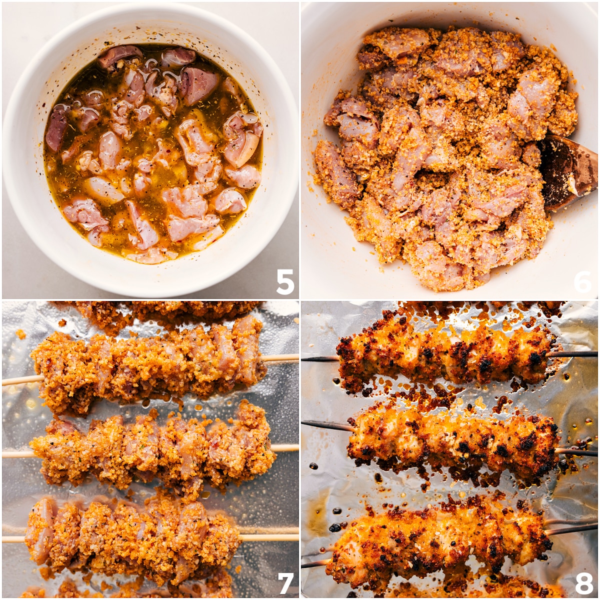 Chicken Spiedini On Skewers The chicken goes into the marinade, gets coated in the breadcrumb topping, then gets skewered and baked.