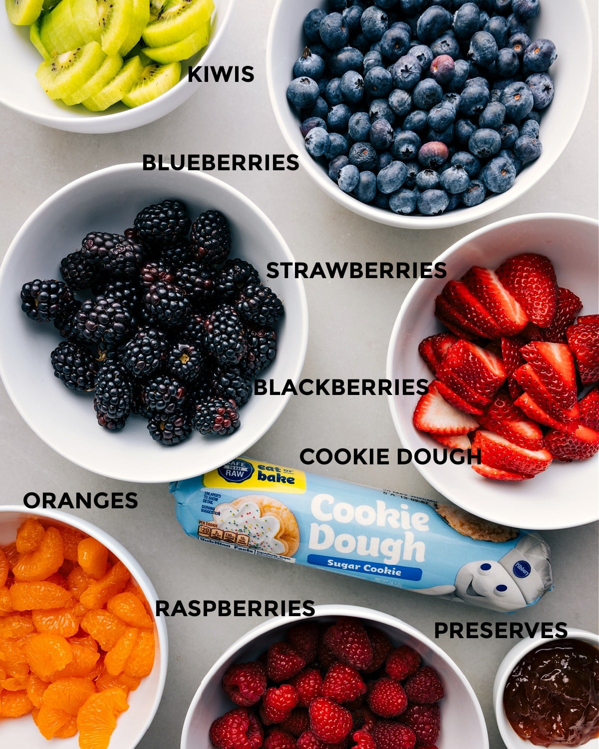 Ingredients In Fruit Pizza Recipe I prepped all the ingredients ahead—fruit, cookie dough, and preserves—so it’s easy to assemble.