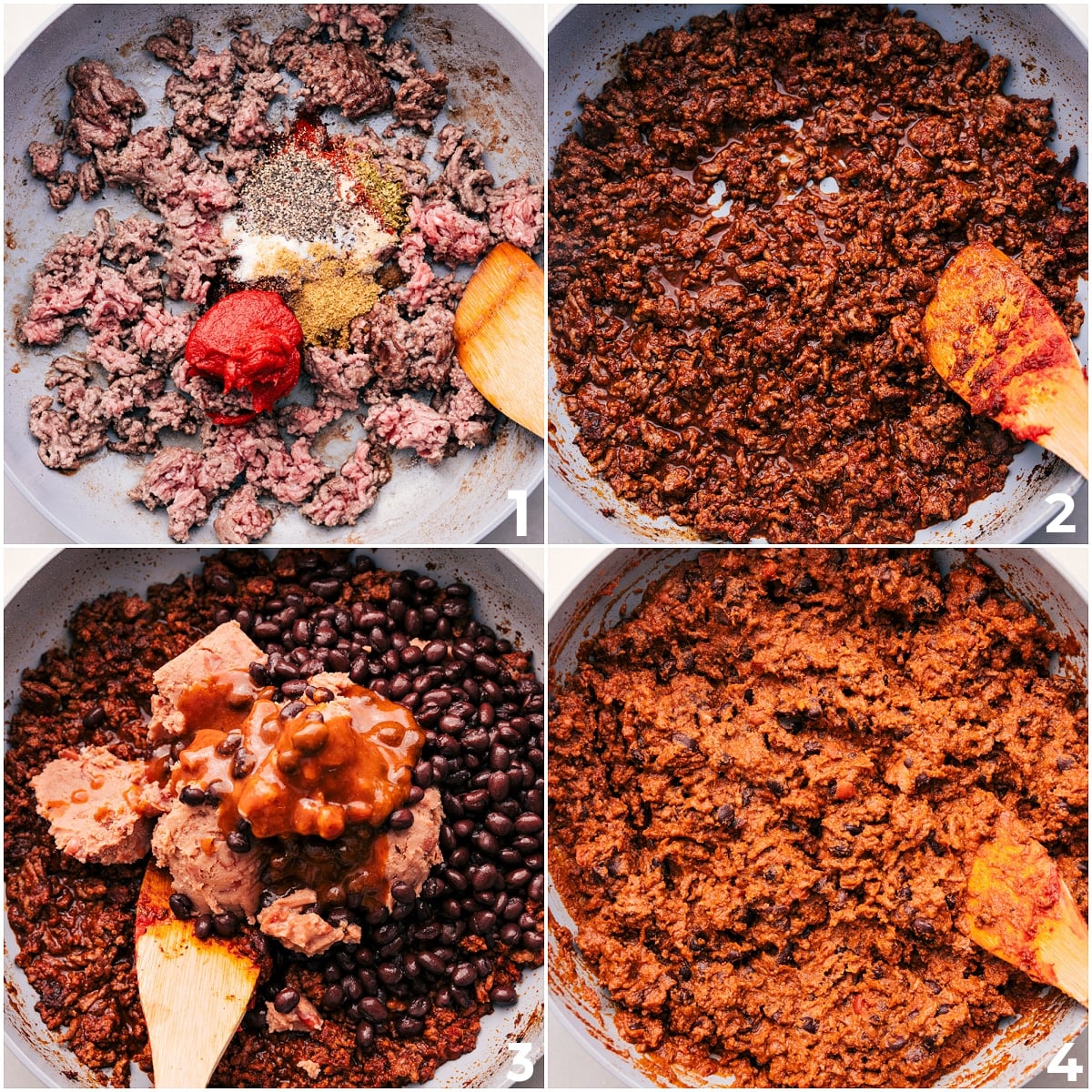 How To Make Ground Beef Enchiladas Beef browning with seasonings and tomato paste, then mixed with beans and enchilada sauce for these Ground Beef Enchiladas.