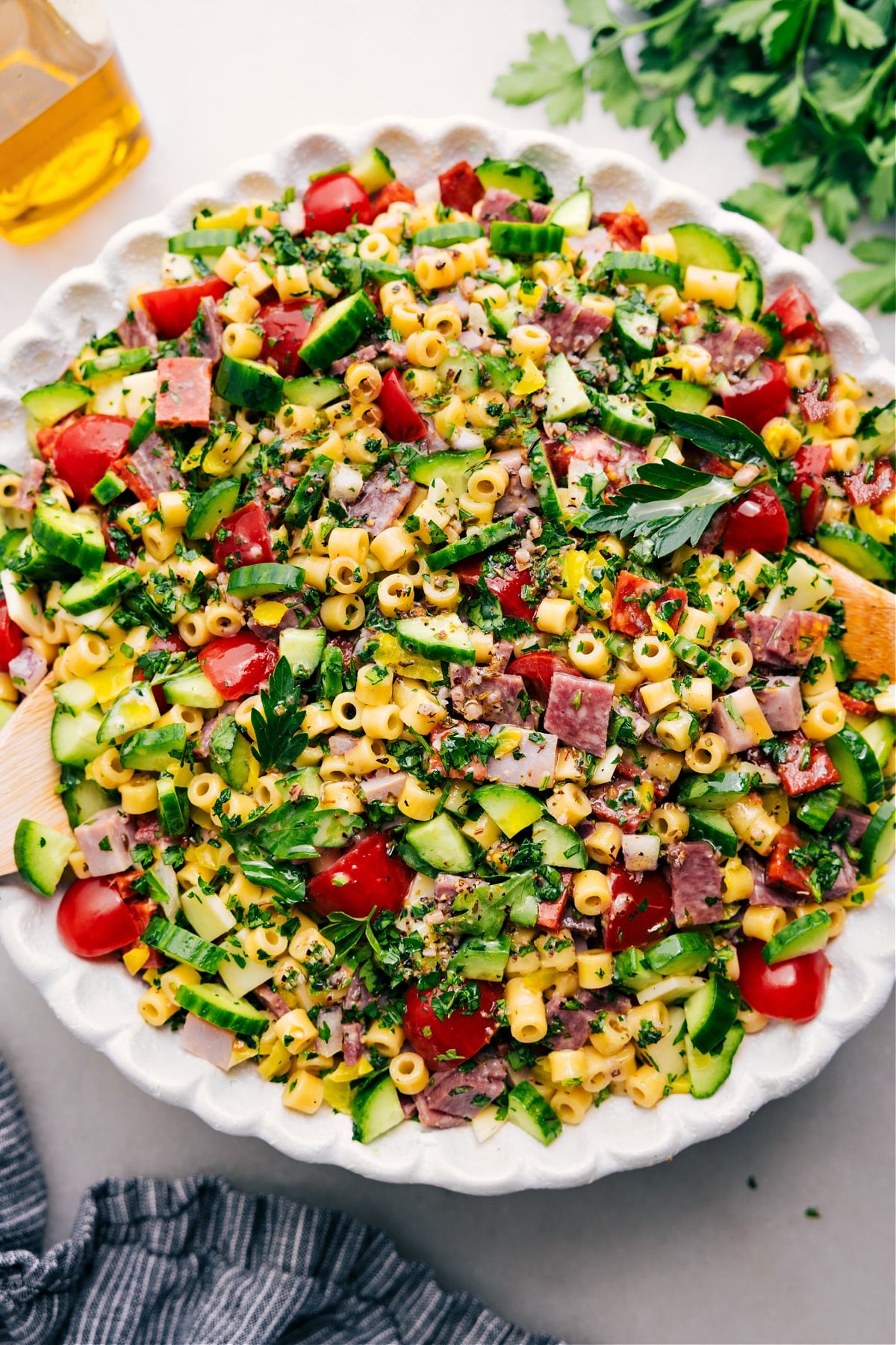 Italian Grinder Pasta Salad sits in a bowl, ready to enjoy.