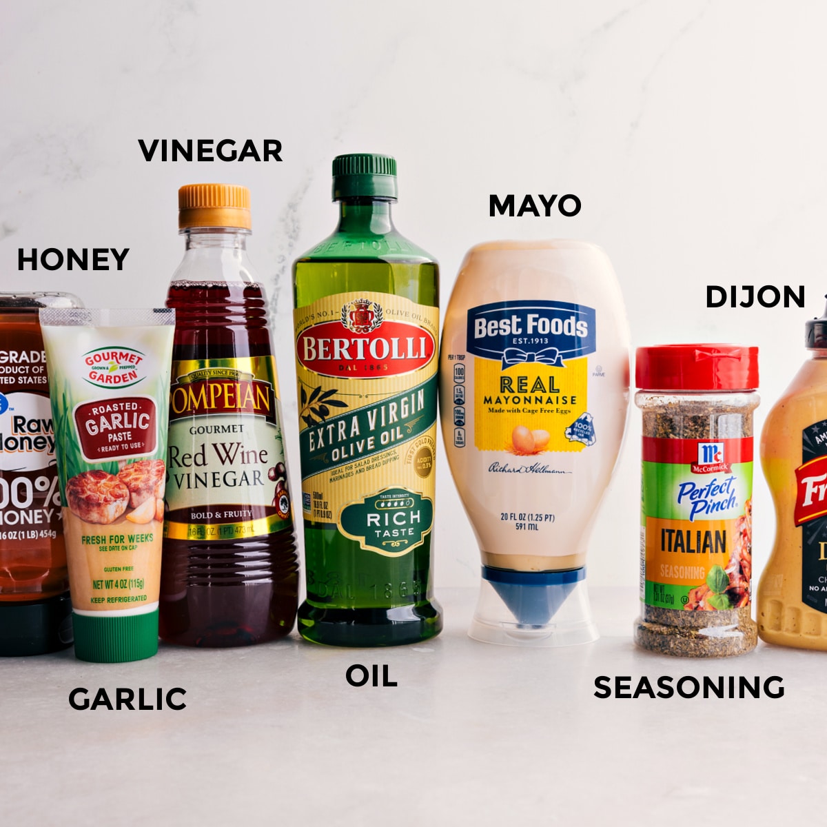 The Best Dressing For Italian Grinder Pasta Salad All the dressing ingredients for this Italian Grinder Pasta Salad are prepped for easy mixing—honey, garlic, vinegar, oil, mayo, seasoning, and Dijon.