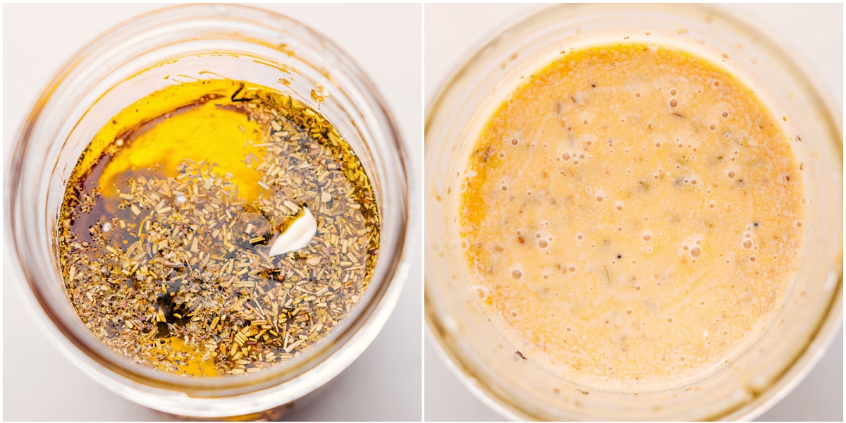 How To Make The Best Dressing For Italian Grinder Pasta Salad The salad dressing mixed together in a mason jar.