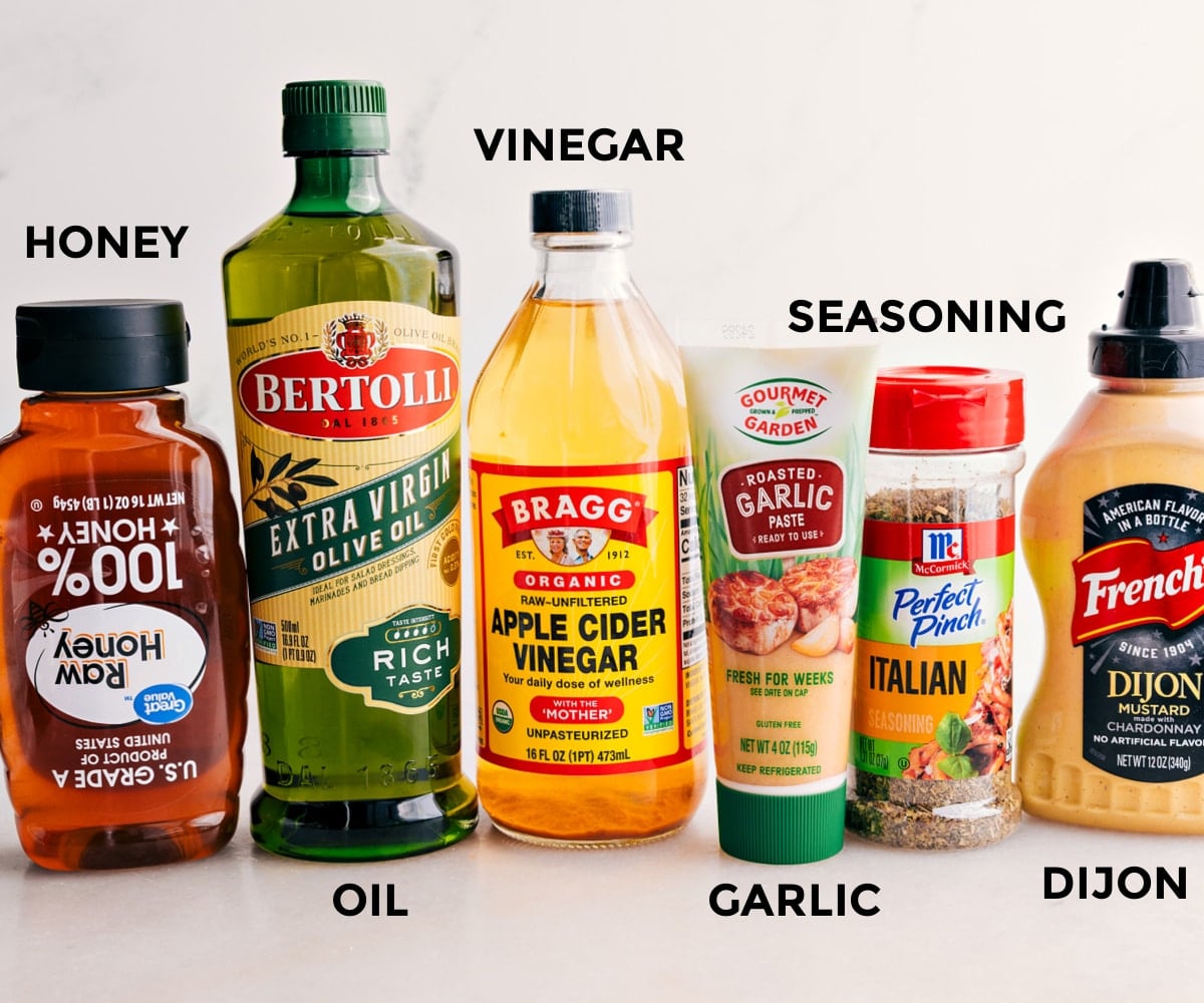 The Best Dressing For Marry Me Chicken Pasta Salad Dijon, seasoning, garlic, apple cider vinegar, oil, and honeyโall set to mix into the dressing for this Marry Me Chicken Pasta Salad.