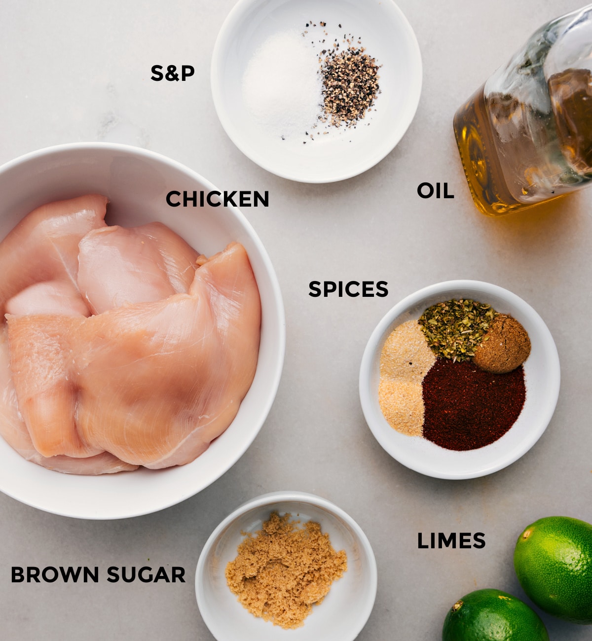 Ingredients In Southwest Chicken Recipe Everythingโs prepped and ready for easy assemblyโchicken, spices, oil, limes, and brown sugar.