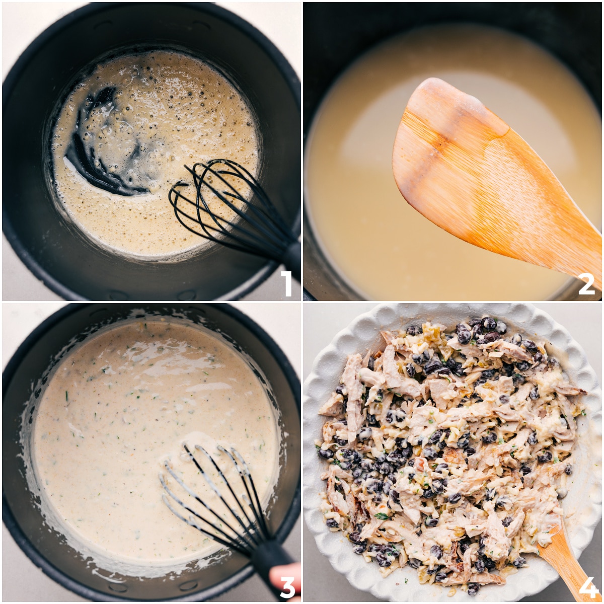 Creamy White Chicken Enchiladas The creamy enchilada sauce getting whisked together, then poured over the chicken, beans, and other ingredients to make the filling for these White Chicken Enchiladas.