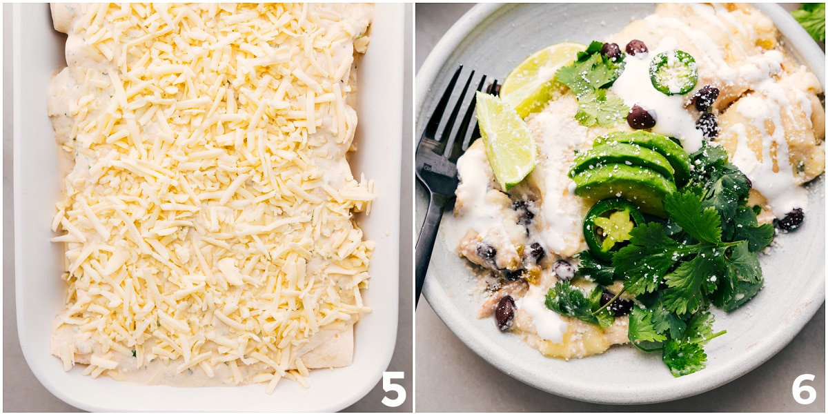 How To Make White Chicken Enchiladas The dish is topped with cheese, baked until golden, then served with fresh cilantro, avocado, and lime wedges.