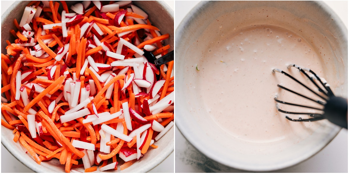The Best Sauce And Radish-Carrot Salad To Top Asian Chicken Bowl The radish and carrot salad are mixed together in a bowl, and the sauce to top the dish is whisked together in a separate bowl.