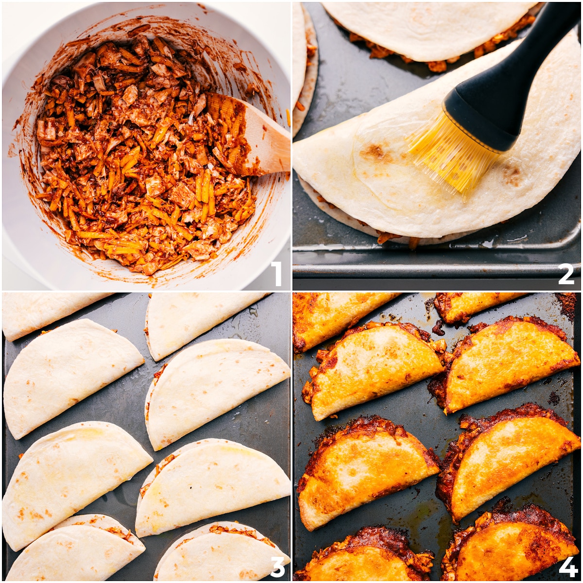 How To Make Baked Chicken Tacos The chicken mixture is combined in a bowl, then filled into tortillas. The tortillas are brushed with oil and baked to crispy perfection for these baked chicken tacos.
