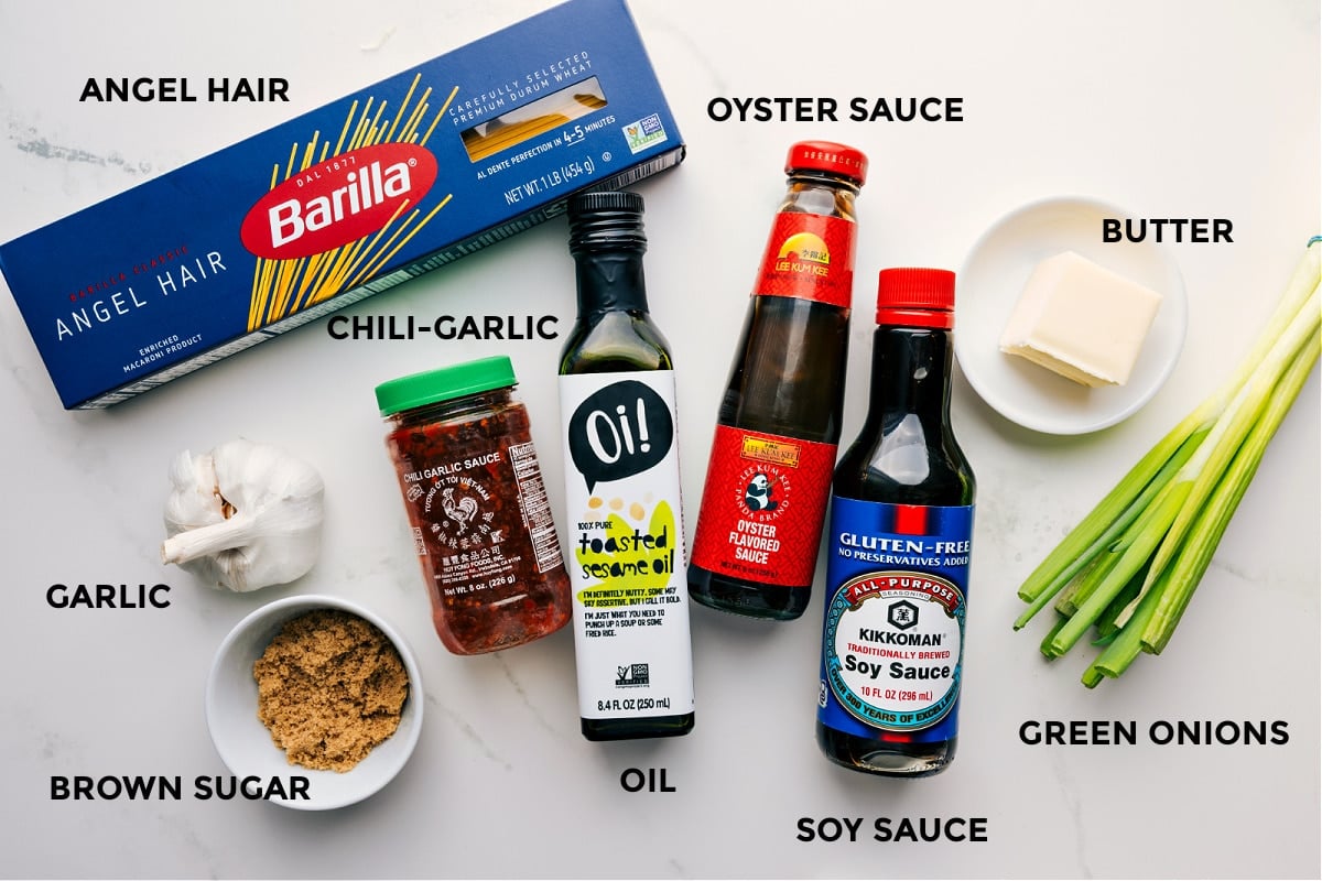 Ingredients In Chili Garlic Noodles All the ingredients for Chili Garlic Noodles prepped and ready, including angel hair pasta, oyster sauce, butter, green onions, soy sauce, oil, chili garlic sauce, garlic, and brown sugar.