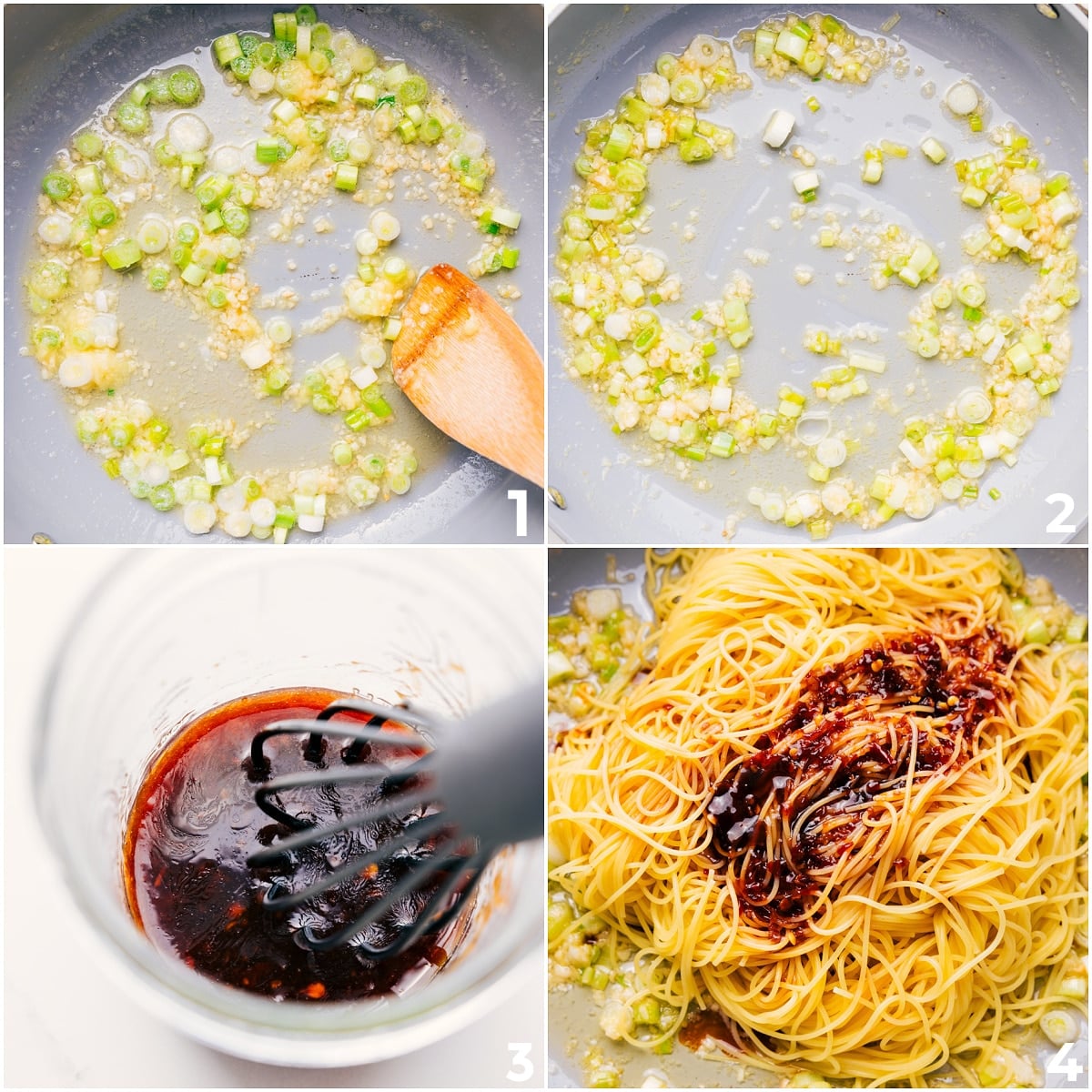 How To Make Chili Garlic Noodles Onions and garlic sautéing in butter, with the sauce being whisked and added to a skillet with pasta for these Chili Garlic Noodles.