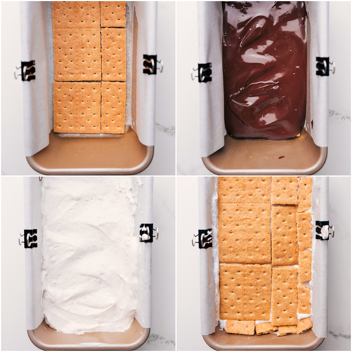 Layer All The Ingredients Together For A Quick Summer Treat Layers being assembled in a bread panโstarting with graham crackers, followed by melted chocolate, whipped cream filling, and a final layer of graham crackers.