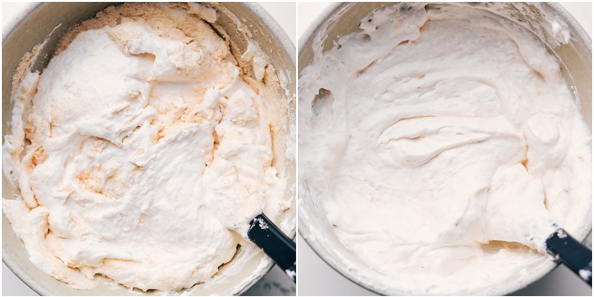 How To Make The Whipped Cream Layer For Frozen Protein S'mores Whipped cream being mixed with protein powder to create the filling for the frozen protein sโmores.