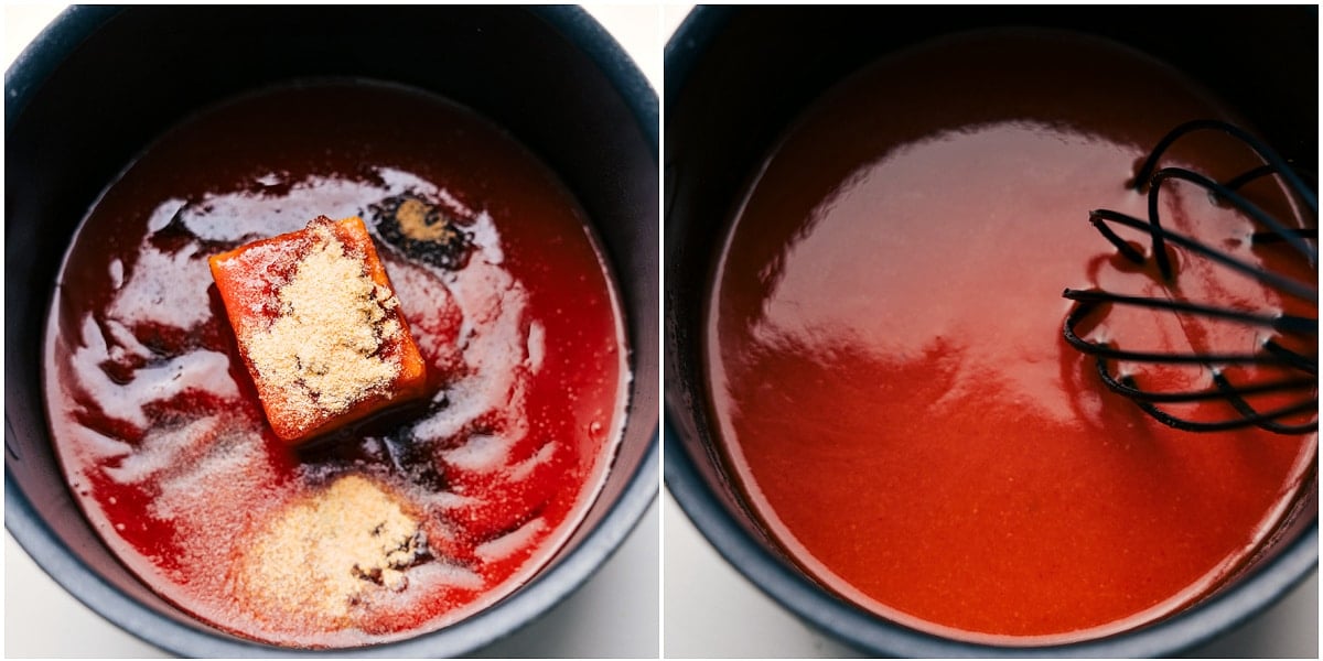 How To Make The Best Buffalo Chicken Bowl Buffalo sauce, butter, brown sugar, and spices being mixed together in a pot for this buffalo chicken bowl.