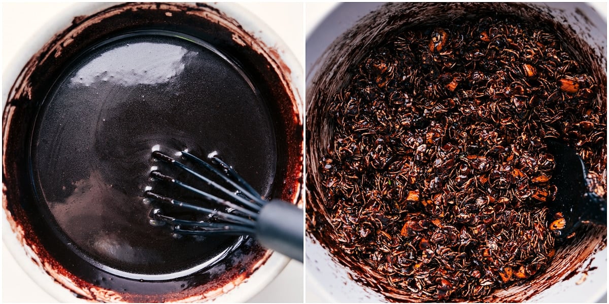 How To Make Chocolate Granola Recipe The melted chocolate mixture is poured over the dry granola ingredients to make this chocolate granola.