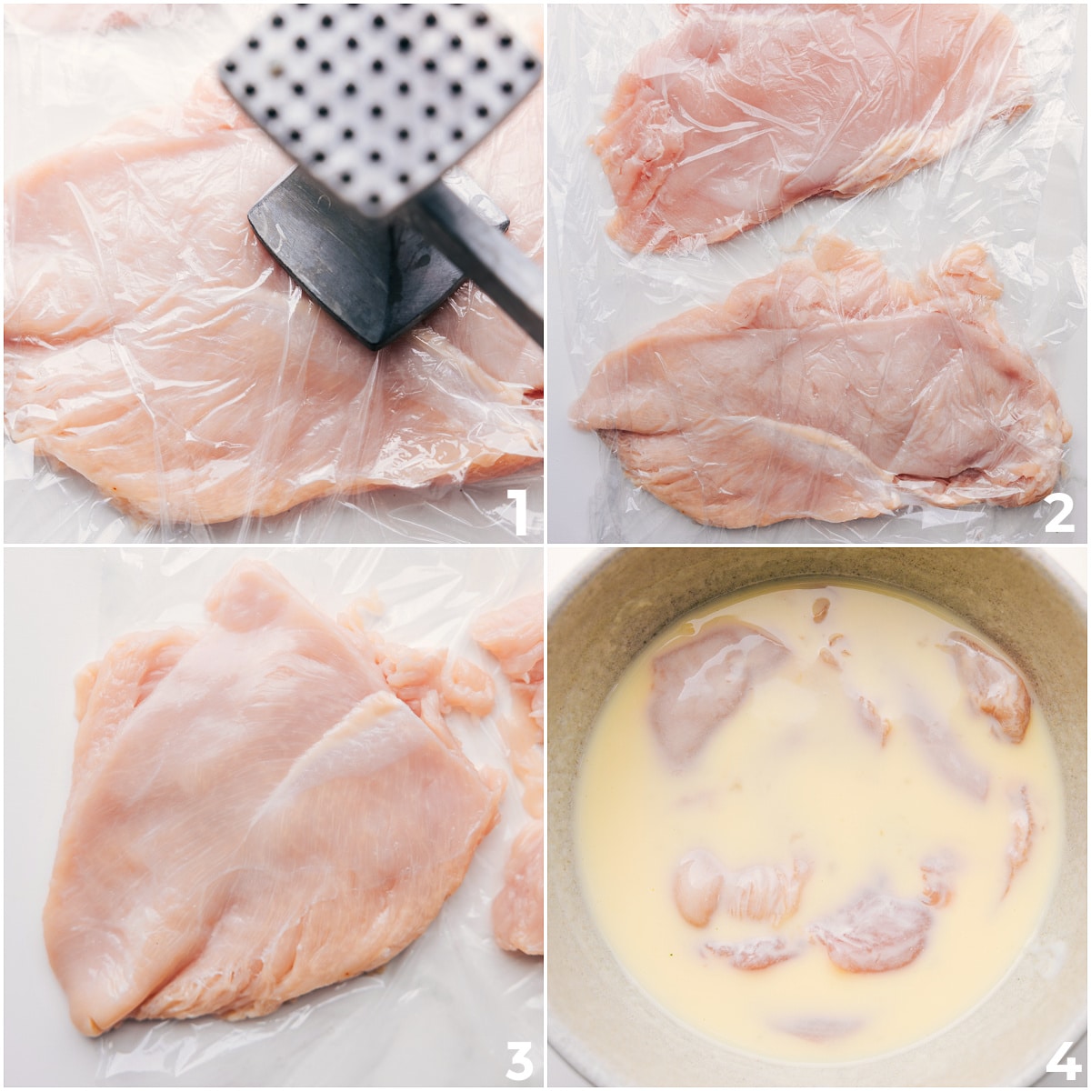 How To Make Crispy Chicken Sandwich Chicken being prepped for crispy chicken sandwiches by slicing in half, pounding to even thickness, and marinating.