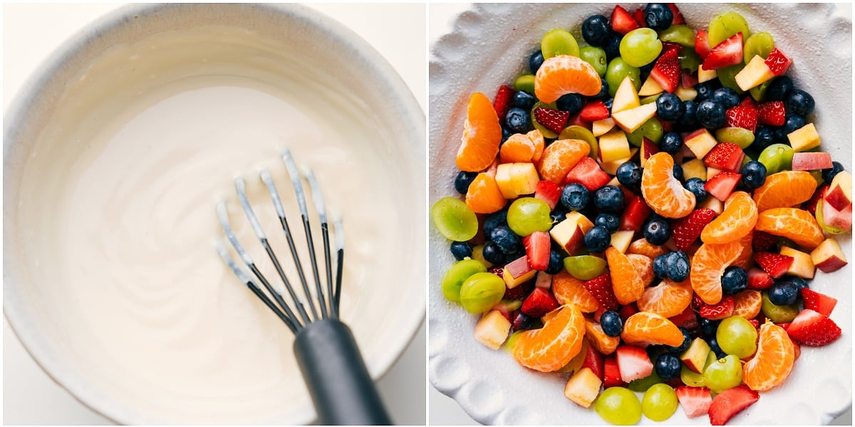 How To Make A Fruit Salad With Yogurt Creamy yogurt dressing whisked in one bowl and fruit salad mixed in another, ready to be combined for a creamy fruit salad with yogurt.