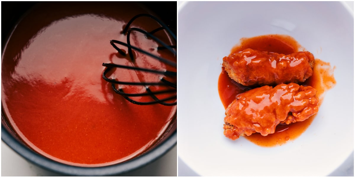 Flavorful And Delicious Hot Honey Chicken Sliders Hot sauce mixture being whisked in a pot, then used to coat the crispy chicken.