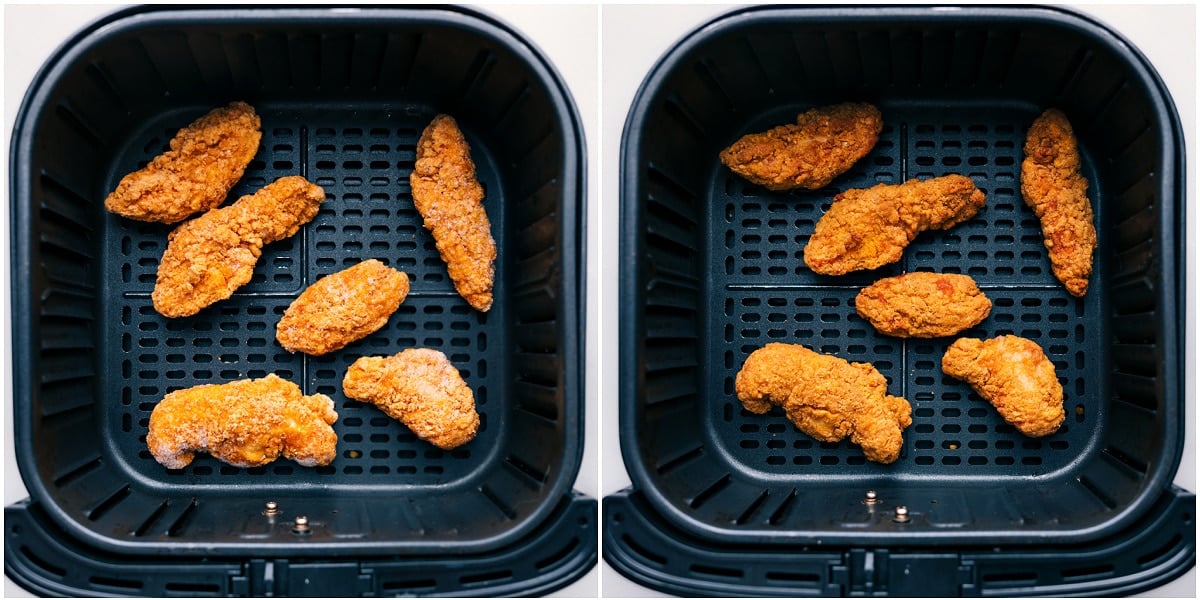 How To Make Hot Honey Chicken Sliders Chicken being air-fried to crispy perfection for Hot Honey Chicken Sliders.