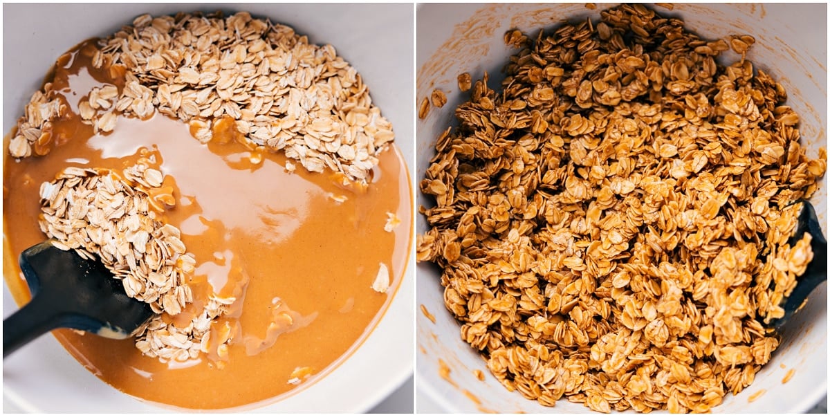Combine Wet And Dry Ingredients For Peanut Butter Granola The wet ingredients mixed with oats until fully combined and ready to bake to crispy perfection.