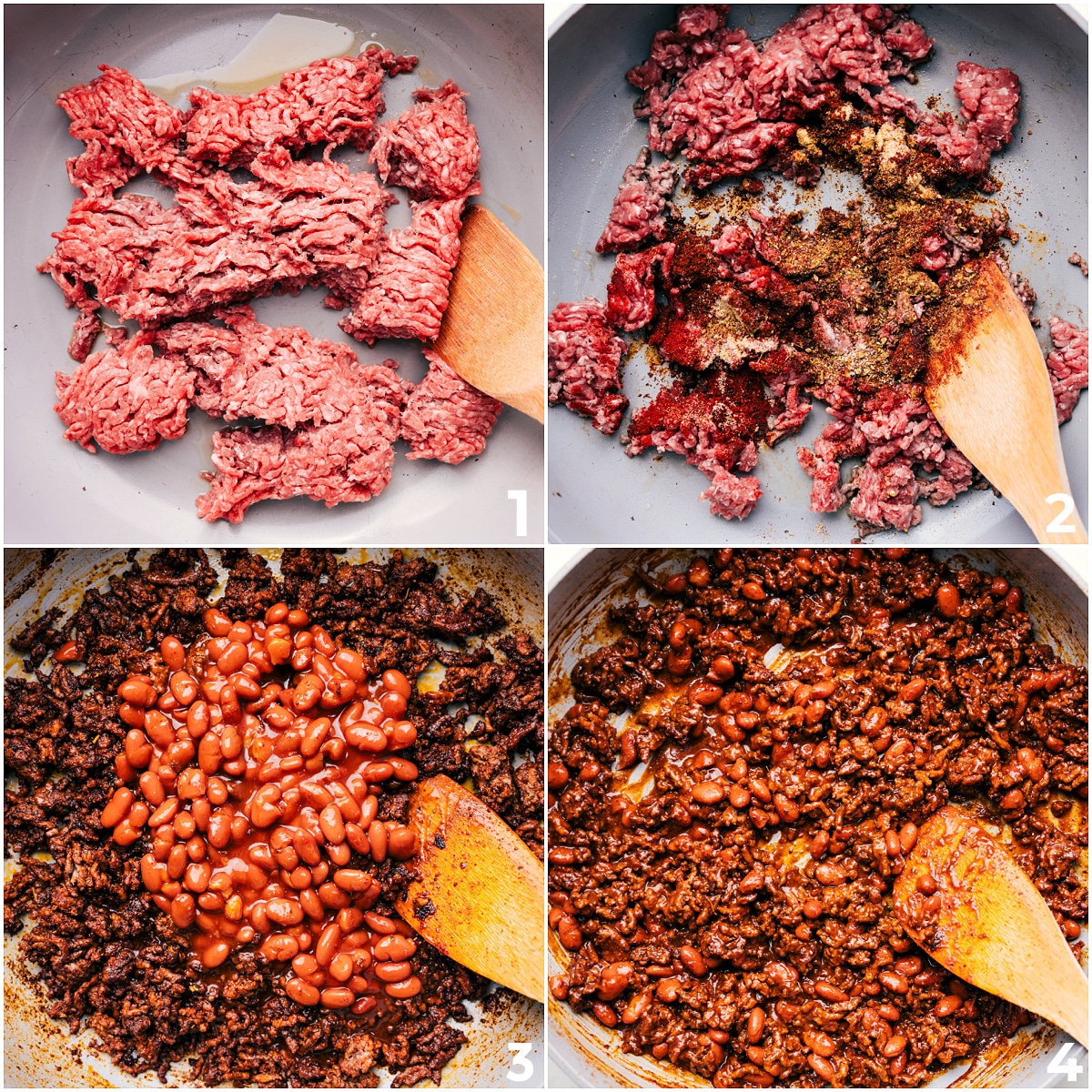 Brown Ground Beef And Add Chili Beans For The Ultimate Walking Taco Filling Ground beef being browned with seasonings, then mixed with chili beans to create the saucy meat mixture for this walking taco recipe.