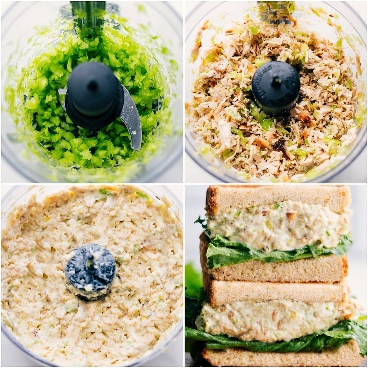 Chicken and veggies finely chopped in a food processor, then mixed with creamy ingredients for Chick-Fil-A Chicken Salad Recipe.