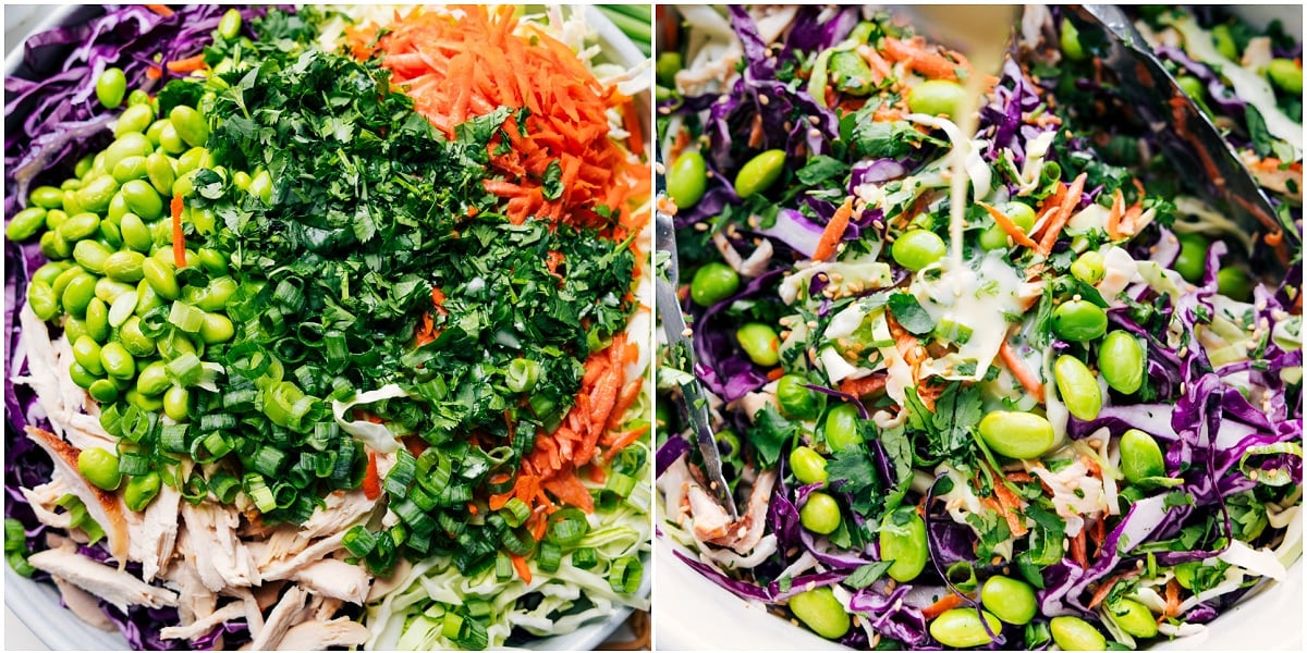 Flavor-Packed Asian Slaw Recipe All the ingredients added to a bowl, then the dressing mixed in to toss everything together.