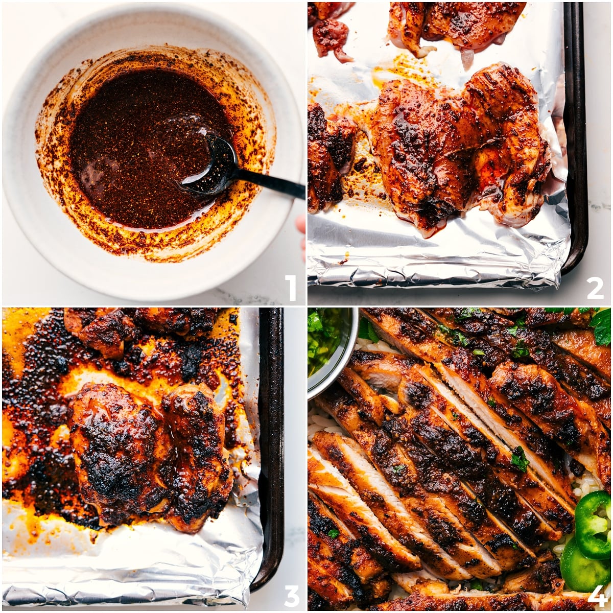 How To Make The Best Baked Chicken Thighs Recipe Baked chicken thighs being prepared with a rub, broiled in the oven, then sliced and ready to enjoy.