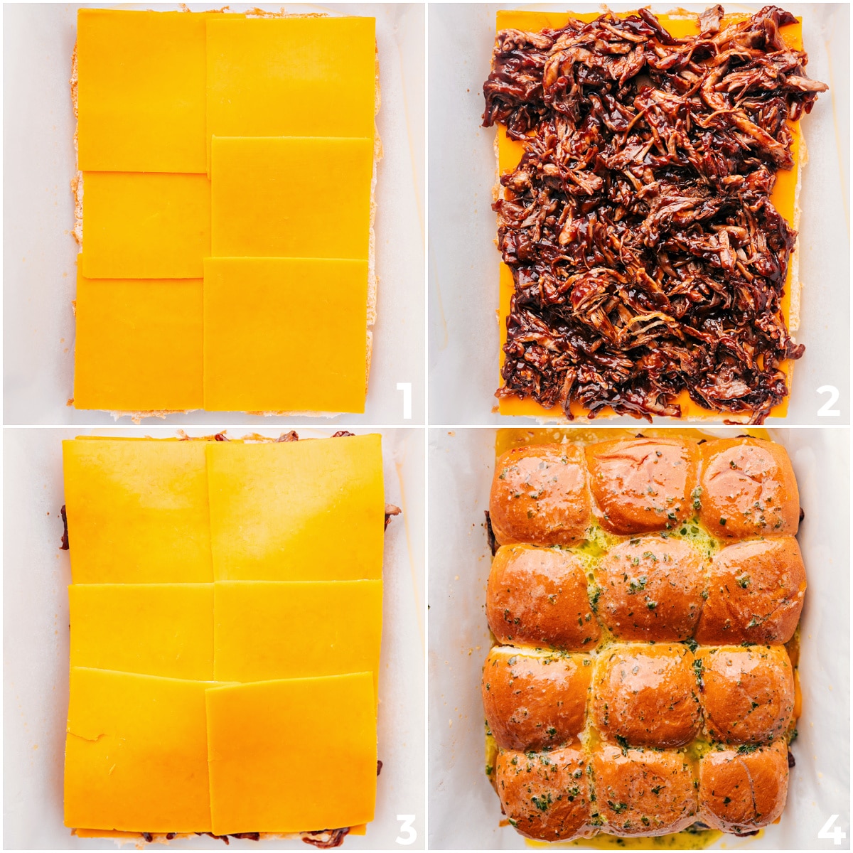 Delicious And Fun BBQ Pulled Pork Sliders Recipe Cheddar, BBQ pork, and garlic-herb butter are layered into the slider buns for these BBQ Pulled Pork Sliders.