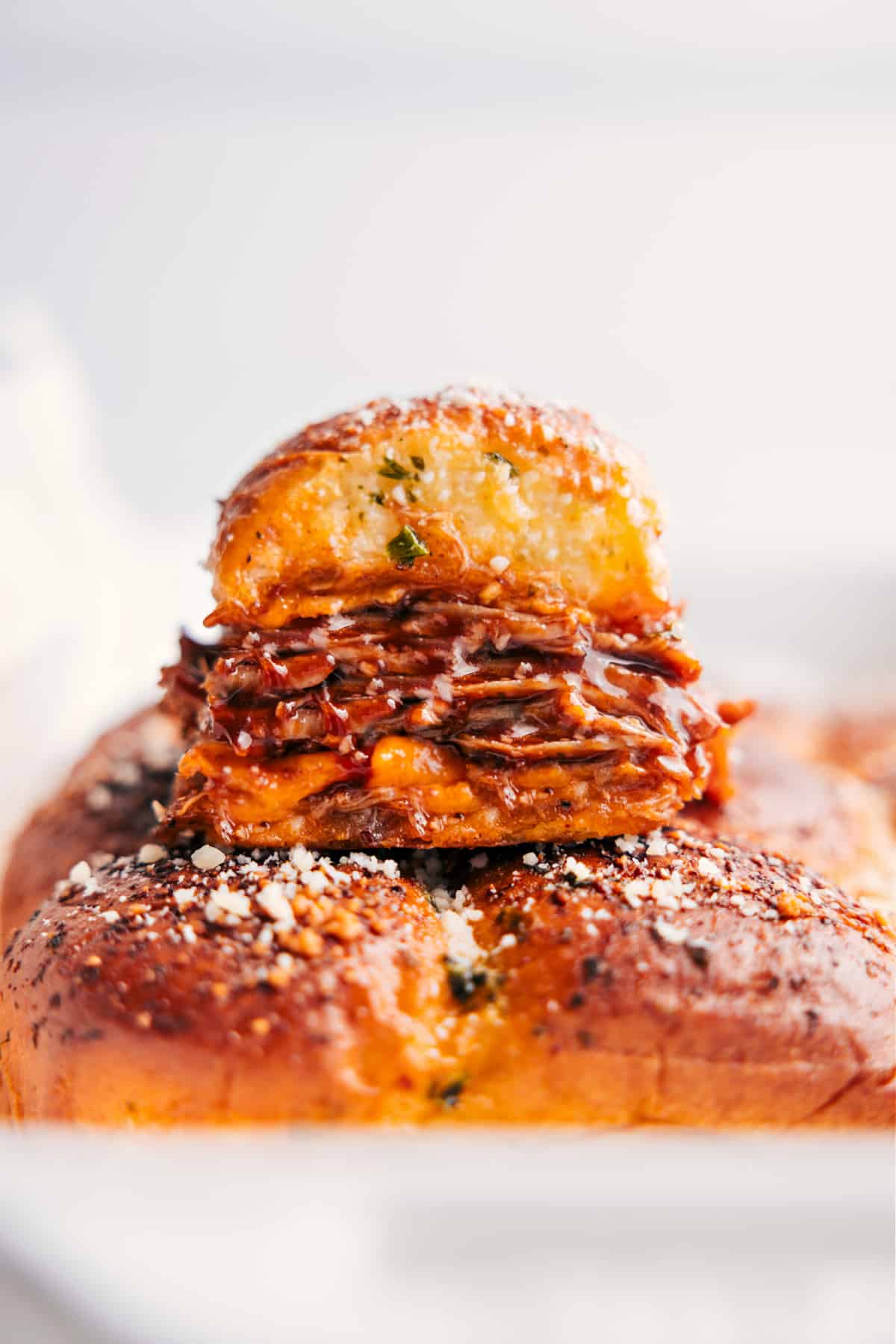 BBQ Pulled Pork Sliders stacked and ready to serve.