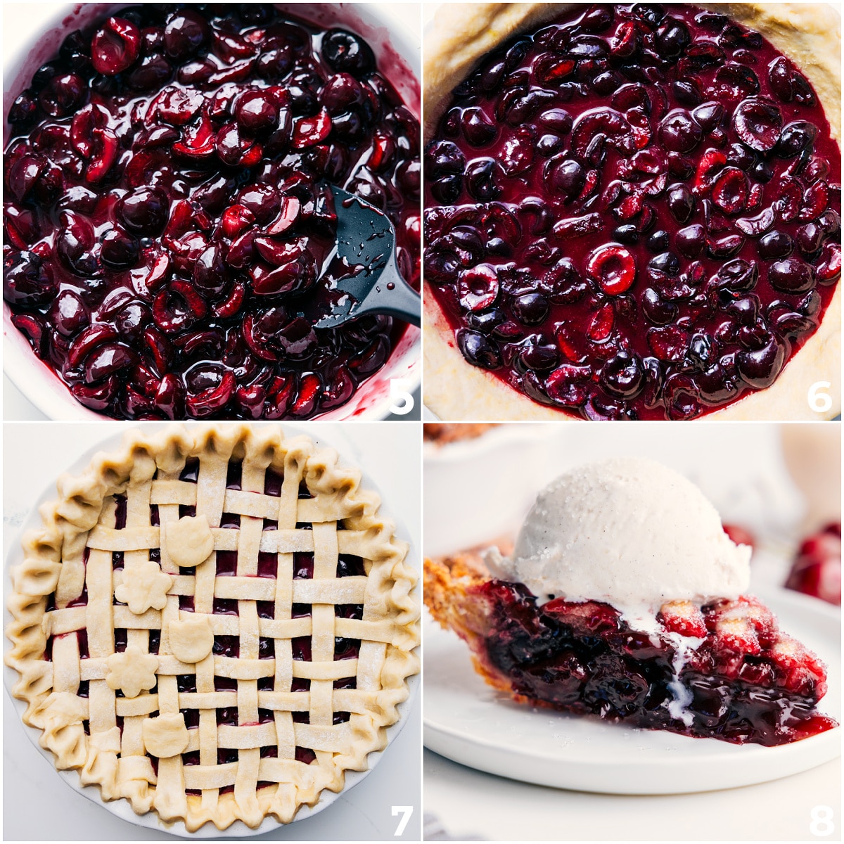 The Best Cherry Pie Recipe Ever Cherry pie being assembled with filling added and top crust laid over, then baked until golden; a slice being served with a scoop of ice cream on top.
